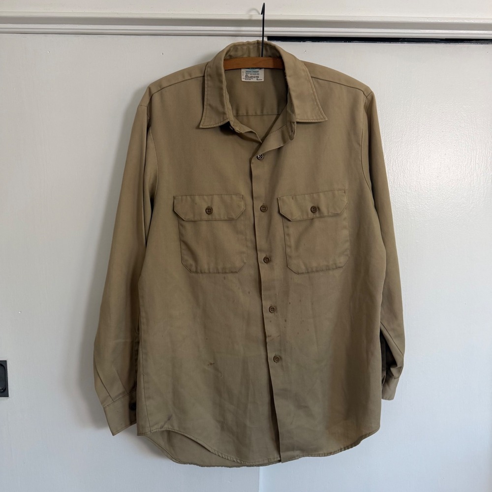 Vintage JCPenney Big Mac Work Shirt Tan Khaki Penn-Prest Long Sleeve Mens L
